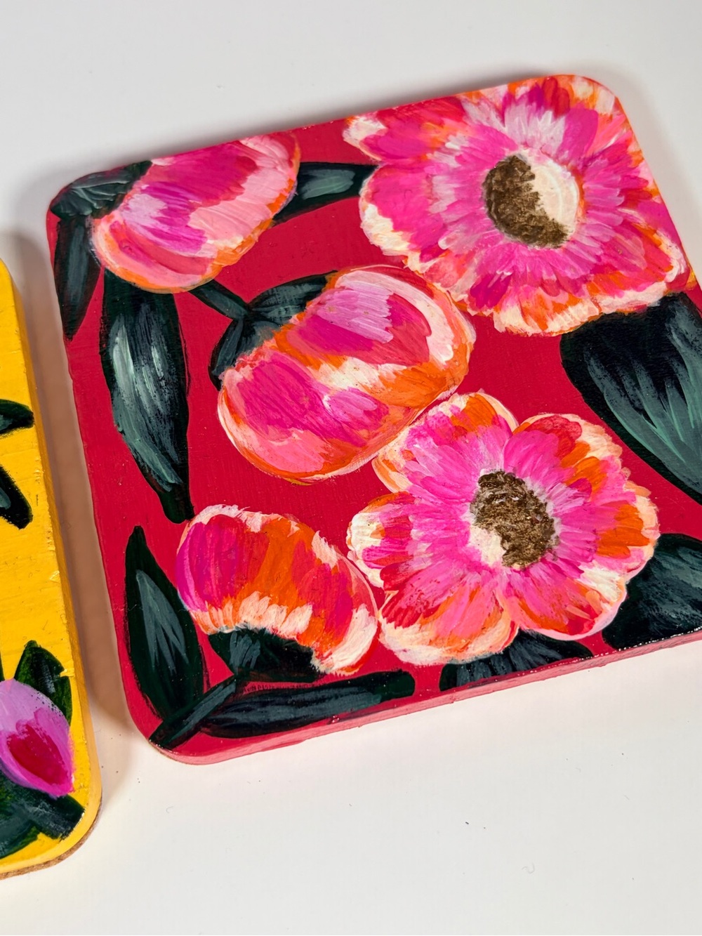 Hand-Painted Floral Leather Coasters - Pink & Yellow - Picture 4 of 6